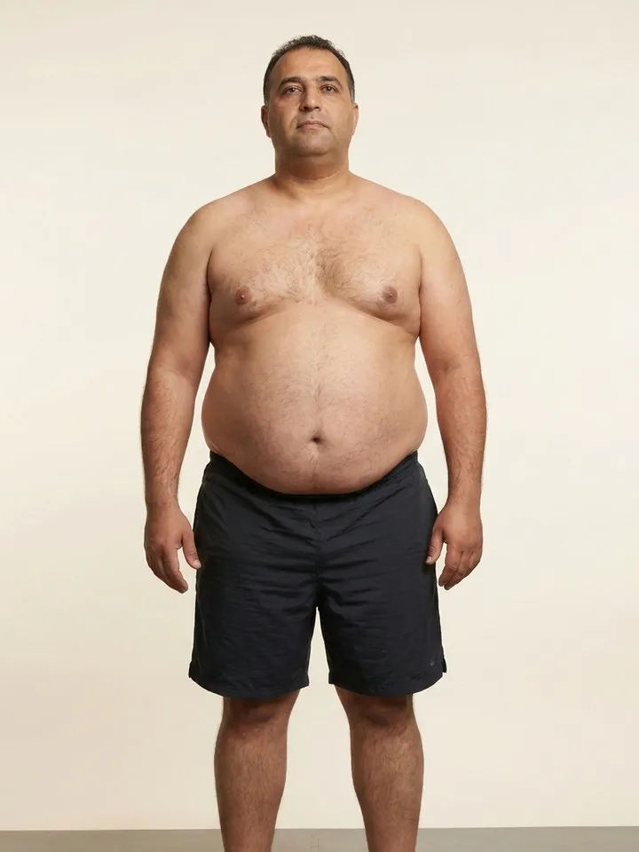 Sample member photo, first visit: a man with short dark hair and a heavy build stands facing the camera in dark shorts against a plain warm backdrop, arms at his sides.