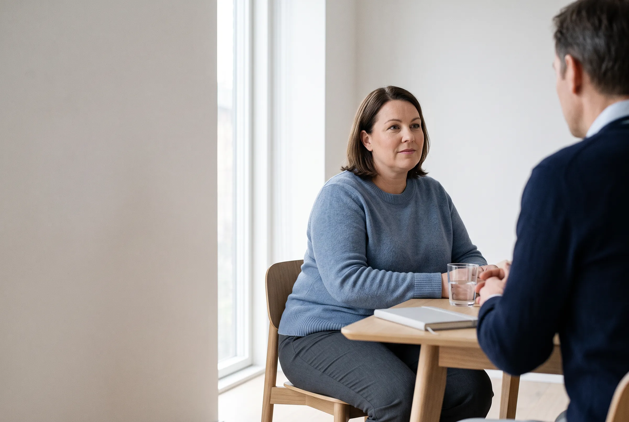 A woman living with obesity, in a dusty blue sweater, sits at a light wood table by a tall window, listening to a physician in a navy sweater seen from behind.