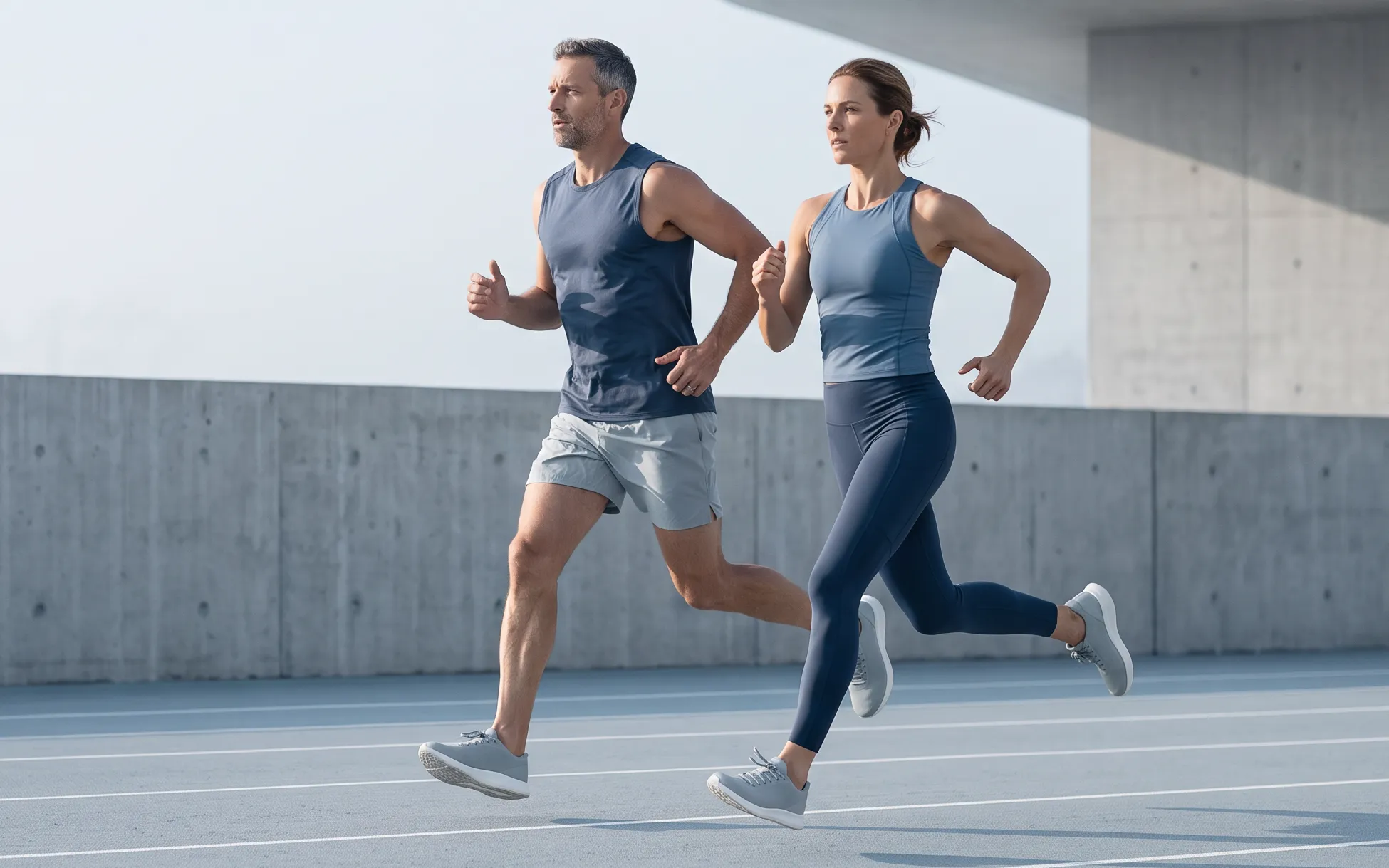 A gray-haired man and a woman with her hair tied back run side by side, mid-stride, along an outdoor track beside a concrete wall in morning light.