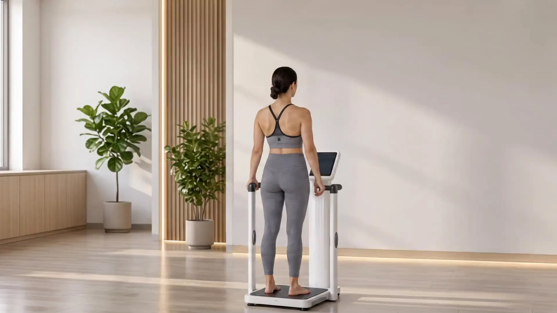 A woman in gray athletic wear stands barefoot on a body-composition analyzer footplate, holding a hand grip on each side, seen from behind in a bright daylit room.