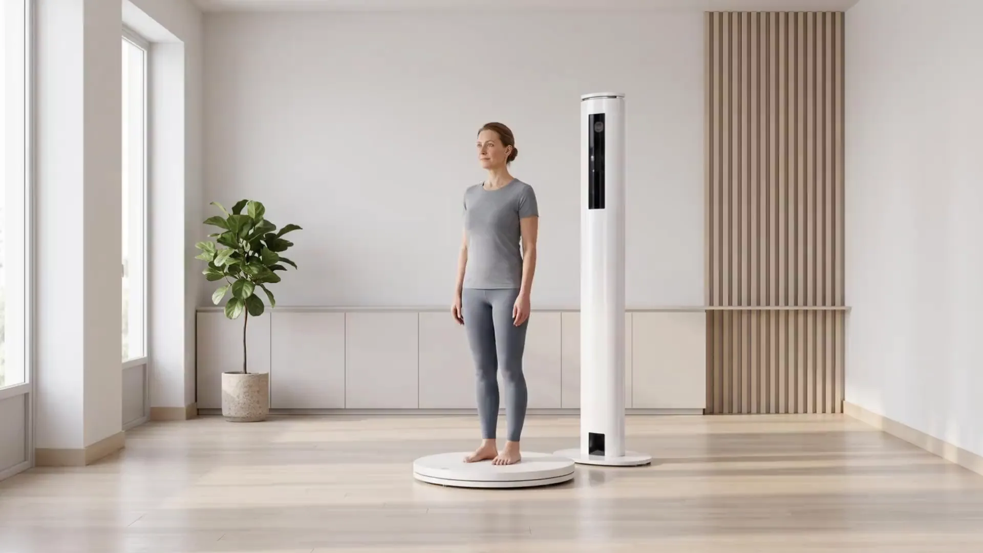 A woman in gray athletic wear stands barefoot on a low white turntable beside a tall slim white column with a dark vertical sensor strip, in a bright daylit room.