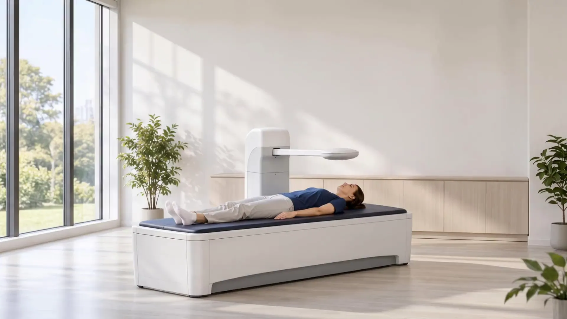 A woman in a navy top lies still on a low padded bone-densitometry table in a bright daylit room, a flat scanner head on a white arm above her.