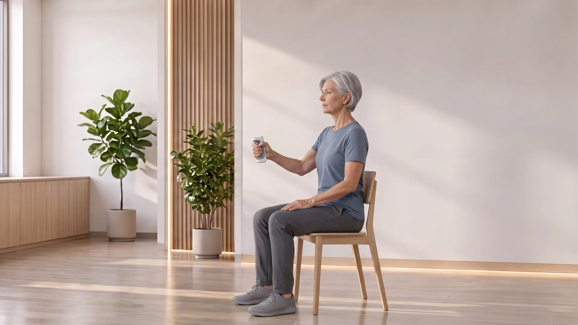 A woman with short silver hair in a blue T-shirt sits upright on a wooden chair in a bright daylit room, squeezing a small handheld grip dynamometer with her forearm held forward.