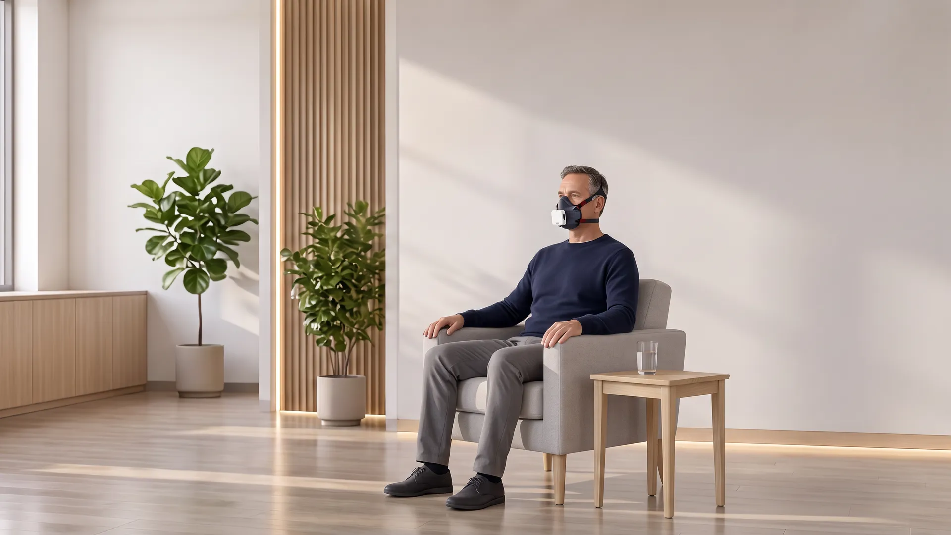 A man in a navy sweater sits relaxed in a gray armchair in a bright daylit room, wearing a lightweight breathing mask with a small white sensor on its front.