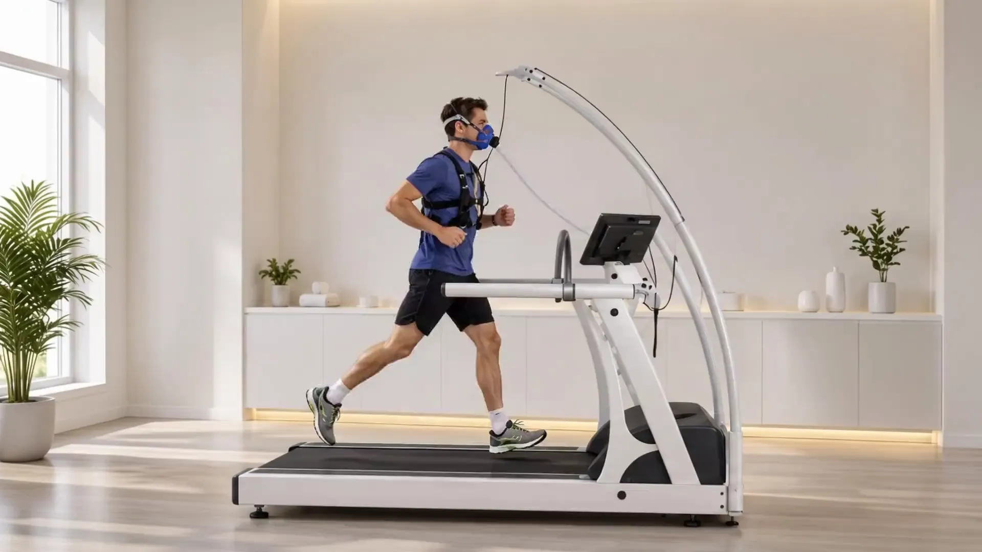 A man in a blue T-shirt runs on a treadmill in a bright daylit room, wearing a metabolic testing mask fed by a slim hose from a tall white curved boom.